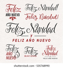 Feliz Navidad Hand Lettering Text Set. Greeting Card Design Template. Merry Christmas and Happy New Year Typography Label in spanish. Vector illustration EPS10