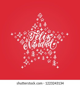 Feliz Navidad, handwritten phrase, translated from Spanish Merry Christmas. Vector decorative star illustration on red New Year background.