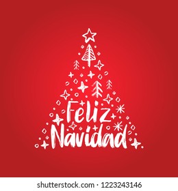 Feliz Navidad, handwritten phrase, translated from Spanish Merry Christmas. Vector New Year spruce illustration on red background.