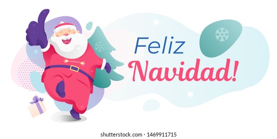 Feliz Navidad (Happy Christmas) banner template. Seasons sale design with a happy Santa showing thumb up, Christmas tree and place for text.