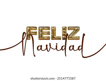 Feliz Navidad Happy New Year Spanish 3d abstract golden metallic sequins lettering with confetti background. Isolated on the white. Vector holiday illustration. Concept greeting card, banner.