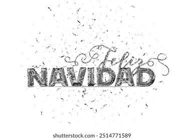 Feliz Navidad Happy New Year Spanish 3d abstract golden metallic sequins lettering with confetti background. Isolated on the white. Vector holiday illustration. Concept greeting card, banner.