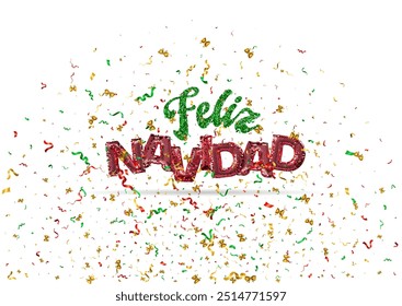 Feliz Navidad Happy New Year Spanish 3d abstract golden metallic sequins lettering with confetti background. Isolated on the white. Vector holiday illustration. Concept greeting card, banner.