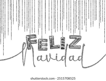 Feliz Navidad Happy New Year Spanish 3d abstract golden metallic sequins lettering with confetti background. Isolated on the white. Vector holiday illustration. Concept greeting card, banner.