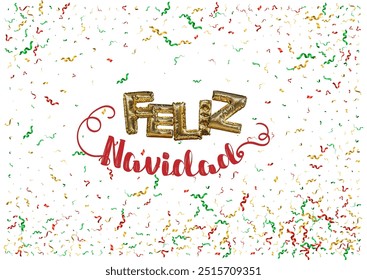 Feliz Navidad Happy New Year Spanish 3d abstract golden metallic sequins lettering with confetti background. Isolated on the white. Vector holiday illustration. Concept greeting card, banner.