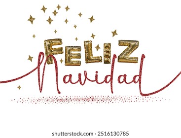 Feliz Navidad Happy New Year Spanish 3d abstract golden metallic sequins lettering with confetti background. Isolated on the white. Vector holiday illustration. Concept greeting card, banner.