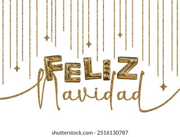 Feliz Navidad Happy New Year Spanish 3d abstract golden metallic sequins lettering with confetti background. Isolated on the white. Vector holiday illustration. Concept greeting card, banner.