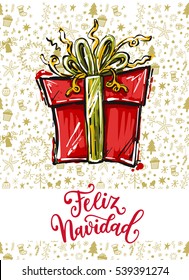 Feliz Navidad. Holidays greeting card with Spanish phrase means Merry Christmas.