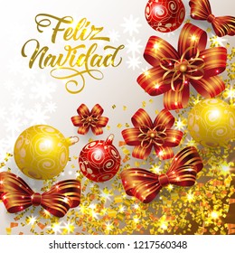 Feliz Navidad lettering with confetti and baubles. Christmas greeting card. Handwritten text, calligraphy. For leaflets, brochures, invitations, posters or banners.