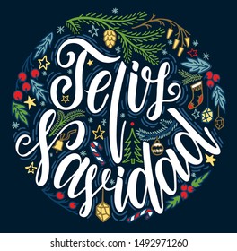 Feliz Navidad Lettering. Feliz Navidad translated from Spanish Merry Christmas lettering on black background. Happy Holidays greeting card, poster template.