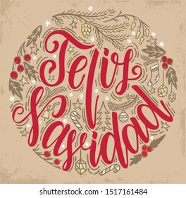 Feliz Navidad Lettering. Feliz Navidad translated from Spanish Merry Christmas lettering on the old background. Happy Holidays greeting card, poster template. Christmas lettering circular design.