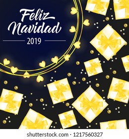 Feliz Navidad lettering with yellow gift boxes. New Year Day greeting card. Handwritten and typed text, calligraphy. For leaflets, brochures, invitations, posters or banners.