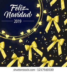 Feliz Navidad lettering with yellow ribbon bows. New Year Day greeting card. Handwritten and typed text, calligraphy. For leaflets, brochures, invitations, posters or banners.