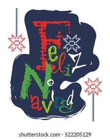 Feliz Navidad and it means Merry Christmas in Spanish plus Scandinavian Printed and stitched symbol textile style inspired by Norwegian Christmas