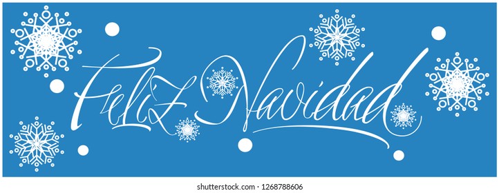 Feliz Navidad - Merry Christmas calligraphy written in spanish on blue background. Flat vector illustration for prints, cards, posters, greetings, invitations, seasonal design and decoration, web.