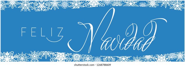 Feliz Navidad - Merry Christmas calligraphy written in spanish on blue background. Flat vector illustration for greetings, invitations, cards, posters, prints, seasonal design and decoration, web.