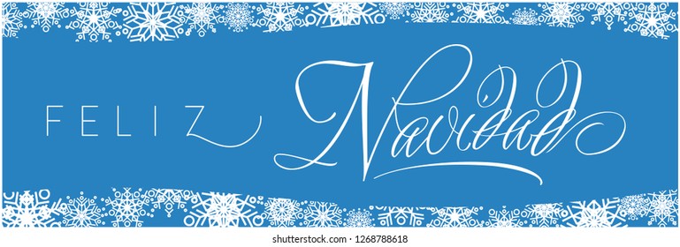 Feliz Navidad - Merry Christmas calligraphy written in spanish on blue background. Flat vector illustration for invitations, greetings, cards, prints, posters, seasonal design and decoration, web.