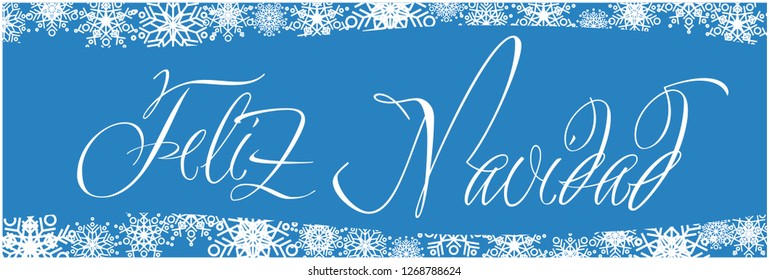 Feliz Navidad - Merry Christmas calligraphy written in spanish on blue background. Flat vector illustration for invitations, greetings, cards, posters, prints, seasonal design and decoration, web.