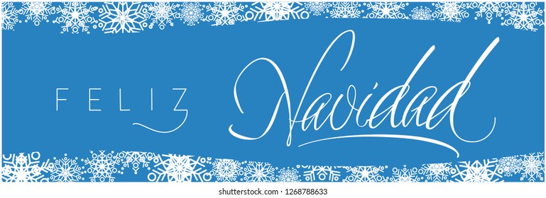 Feliz Navidad - Merry Christmas calligraphy written in spanish on blue background. Flat vector illustration for invitations, greetings, prints, cards, posters, seasonal design and decoration, web.