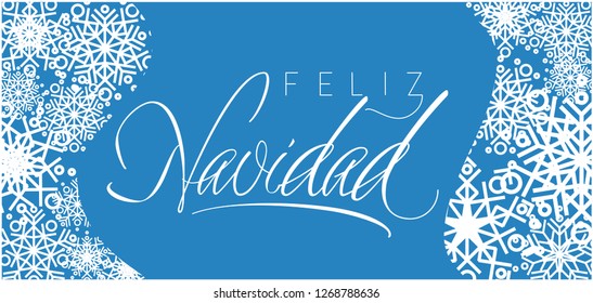 Feliz Navidad - Merry Christmas calligraphy written in spanish on blue background. Flat vector illustration for seasonal design and decoration, greetings, invitations, cards, posters, prints, web.