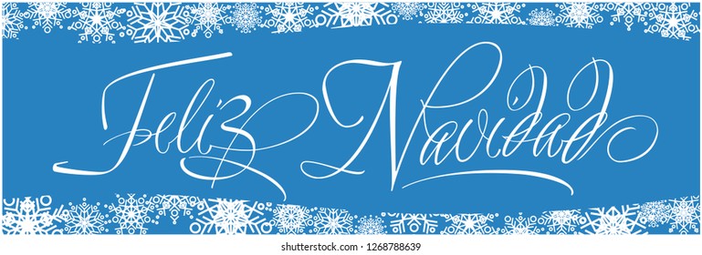 Feliz Navidad - Merry Christmas calligraphy written in spanish on blue background. Flat vector illustration for invitations, greetings, prints, postcards, posters, seasonal design and decoration, web.