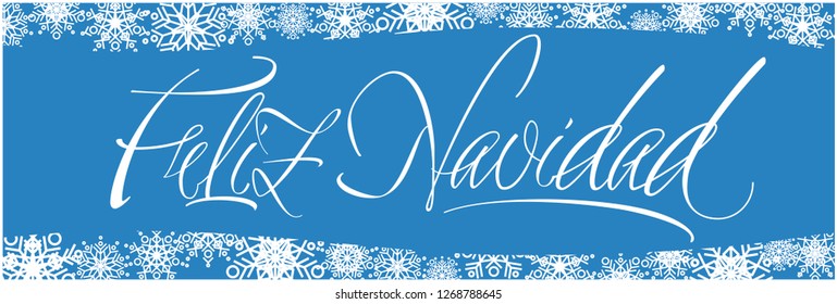 Feliz Navidad - Merry Christmas calligraphy written in spanish on blue background. Flat vector illustration for invitations, greetings, postcards, prints, posters, seasonal design and decoration, web.