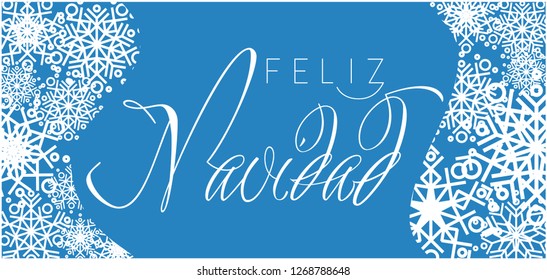 Feliz Navidad - Merry Christmas calligraphy written in spanish on blue background. Flat vector illustration for seasonal design and decoration, greetings, invitations, cards, prints, posters, web.