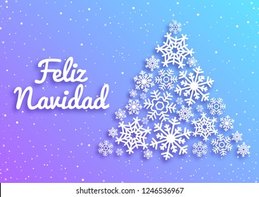 Feliz Navidad. Merry Christmas card with greetings in spanish language. Christmas tree made of white snowflakes. Xmas vector background template. New Year, Winter Holidays design for celebration