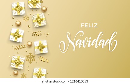 Feliz Navidad Merry Christmas golden greeting card on premium background. Vector Christmas Spanish Navidad calligraphy lettering, gifts and gold glitter stars or snowflakes