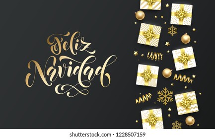 Feliz Navidad Merry Christmas golden lettering text on premium black background. Vector Navidad Spanish Christmas greeting card calligraphy lettering, gifts, snowflakes and gold glitter stars