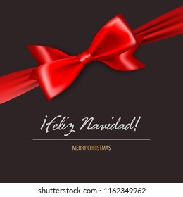 Feliz Navidad - Merry Christmas and happy New Year in Spain. Red gift silk bow vertical banner. Season holidays background. Realistic 3d satin ribbon isolated.