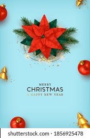 Feliz navidad. Merry Christmas and Happy New Year. Xmas Background design realistic beautiful Poinsettia flower - red Christmas star. Blue poster, holiday banner, flyer, stylish brochure. Vector card