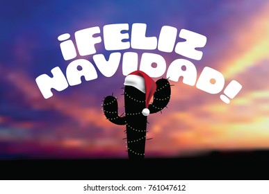 Feliz Navidad (Merry Christmas) illustration with cartoon cactus wearing a Santa Claus hat. EPS 10 vector illustration.