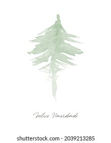 Feliz Navidad - Merry Christmas. Light Green Christmas Tree and Spanish Christmas Wishes on a White Background. Winter Holidays Illustration with Watercolor Tree ideal for Card, Greeting, Wall Art.