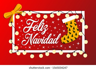 "Feliz Navidad"  Merry Christmas message in spanish inside a white framework with yellow ribbon and boot surrounded of polar stars and red gradient background