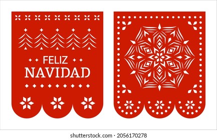 Feliz Navidad, Frohe Weihnachten. mexikanische Papel Picado-Banner, Garnelen, Feriendekorationen.