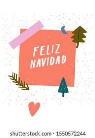 Feliz Navidad! Merry Christmas! Modern greeting x-mas card, postcard. Cute trendy vector template for social media marketing, web banner, pretty stationery. Holiday retail poster, arty graphic print.