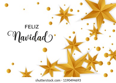 Feliz Navidad Merry Christmas spanish typography. Christmas vector card with bright colorful stars and round confetti on white background.