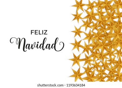 Feliz Navidad Merry Christmas spanish typography. Christmas vector card with golden stars and space for text on white background.