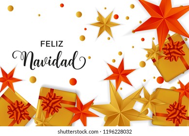 Feliz Navidad Merry Christmas spanish typography. Christmas vector card with bright colorful confetti, gift boxes and stars in red and golden colors on white background.