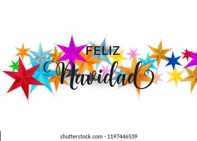 Feliz Navidad Merry Christmas spanish typography. Christmas vector card with bright colorful stars on white background.