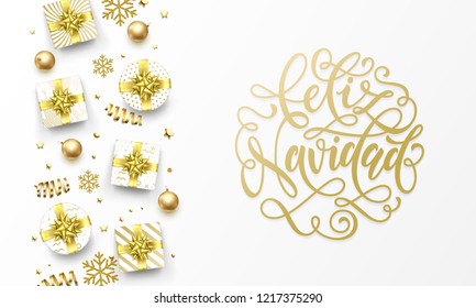 Feliz Navidad Merry Christmas Spanish golden greeting card, gold gifts, stars confetti and snowflakes glitter. Vector Spanish Navidad Christmas hand drawn calligraphy lettering text