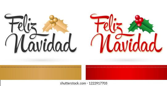 Feliz Navidad, Merry Christmas spanish translation, Vector set Card template