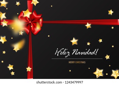 Feliz Navidad - Merry Christmas spanish greetings. Holiday Christmas red gift silk bow. Xmas textile decor. Realistic 3d vector illustration. Gold star shimmer random falling.