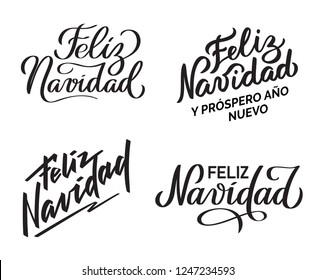 Feliz Navidad - Merry Christmas from Spanish. Collection of hand-written texts, typography, calligraphy, lettering. Congratulation on Christmas holiday. Vector in one color