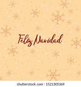 Feliz Navidad Merry Christmas Spanish text illustration with falling doodle, hand drawn snow and snowflakes.