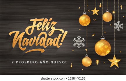 feliz navidad merry christmas in spanish language black wood card template glitter gold elements snowflakes stars and calligraphy happy classic vacation star party black abstract holiday background sc