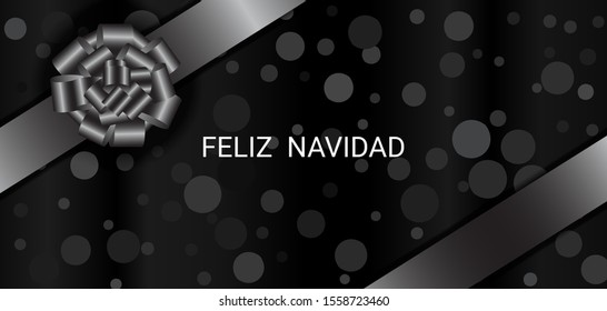 Feliz Navidad Merry Christmas Spanish text banner, minimal elegant black background decorated with bow.