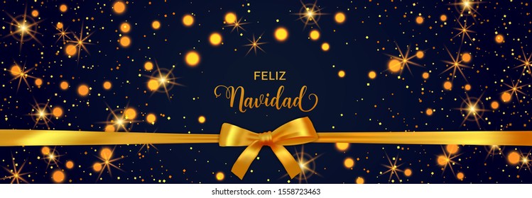 Feliz Navidad Merry Christmas Spanish text banner with golden decoration. Festive bokeh lights and confetti background.