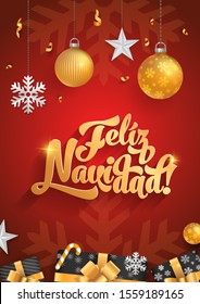 feliz navidad merry christmas in spanish language red poster template glitter gold elements snowflakes stars and calligraphy happy vacation star party abstract holiday background scene ball red gold c